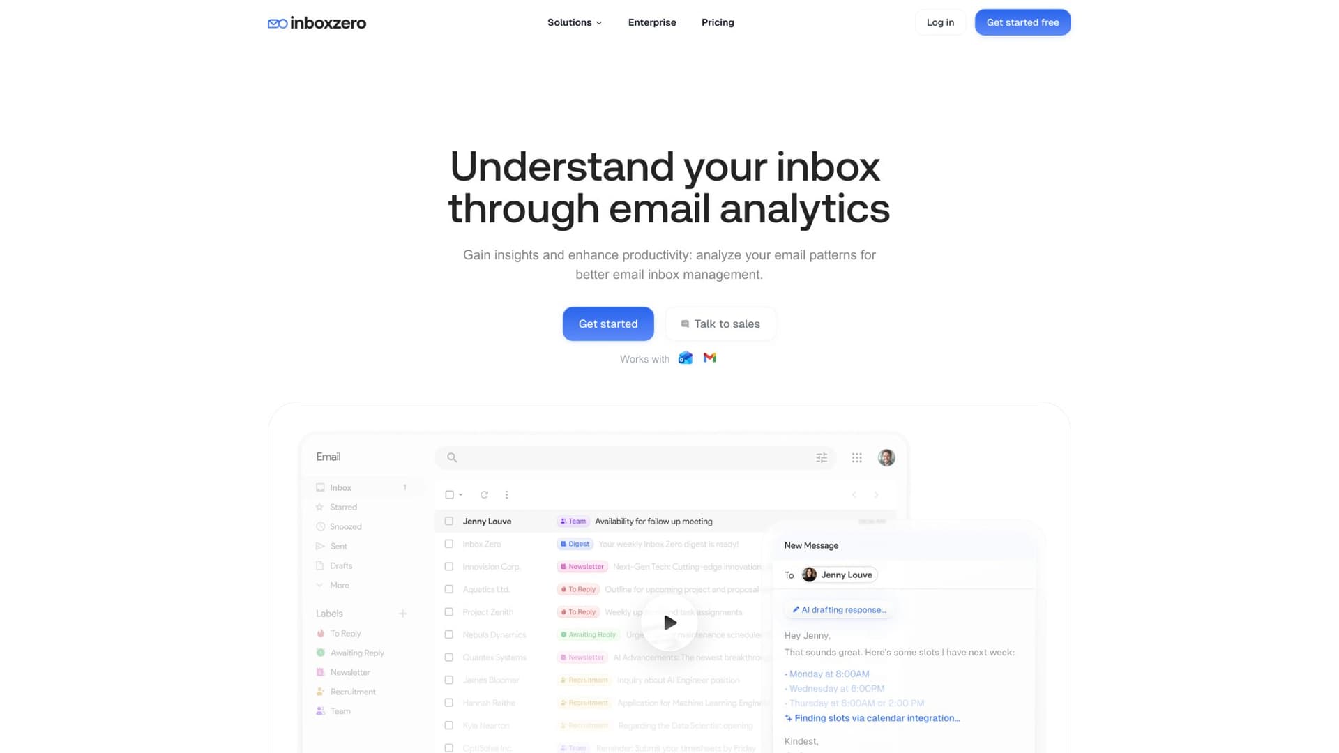 Inbox Zero Email Analytics dashboard showing email volume trends over time, response time analysis, top senders list, and best send time recommendations for data-driven email timing decisions
