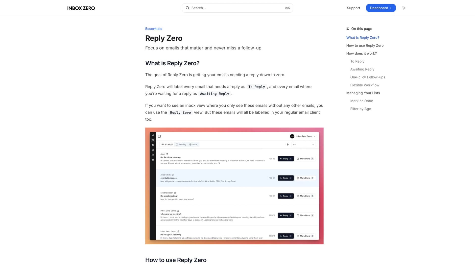 Reply Zero feature with automated To Reply and Awaiting Reply email queues for inbox management